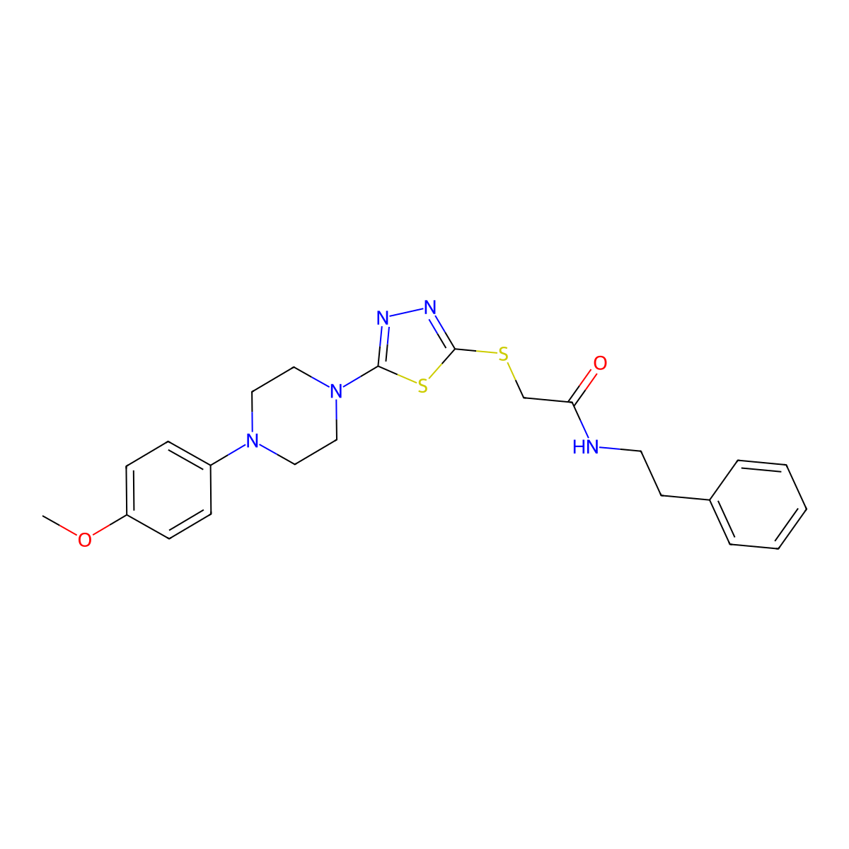 2-((5-(4-(4-methoxyphenyl)piperazin-1-yl)-1,3,4-thiadiazol-2-yl)thio)-N-phenethylacetamide molecular structure, CAS 1105225-02-2