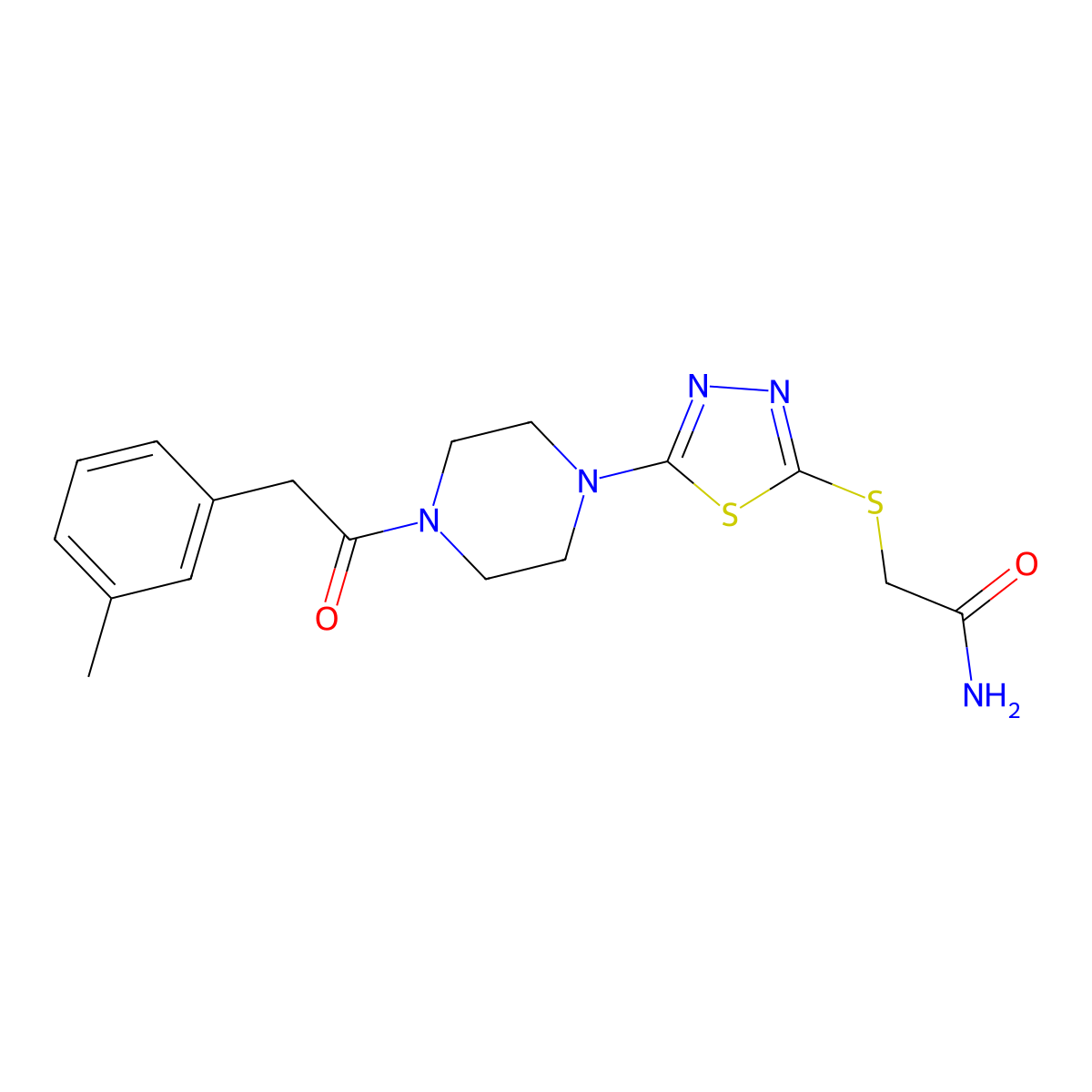 2-((5-(4-(2-(m-Tolyl)acetyl)piperazin-1-yl)-1,3,4-thiadiazol-2-yl)thio)acetamide molecular structure, CAS 1105225-03-3