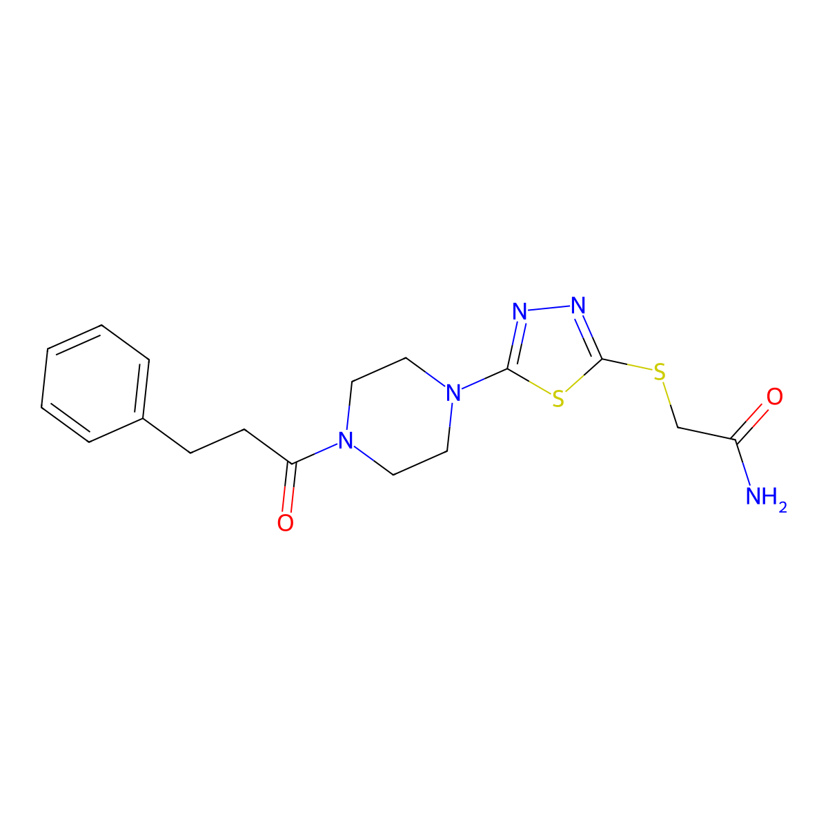 2-((5-(4-(3-Phenylpropanoyl)piperazin-1-yl)-1,3,4-thiadiazol-2-yl)thio)acetamide molecular structure, CAS 1105225-08-8