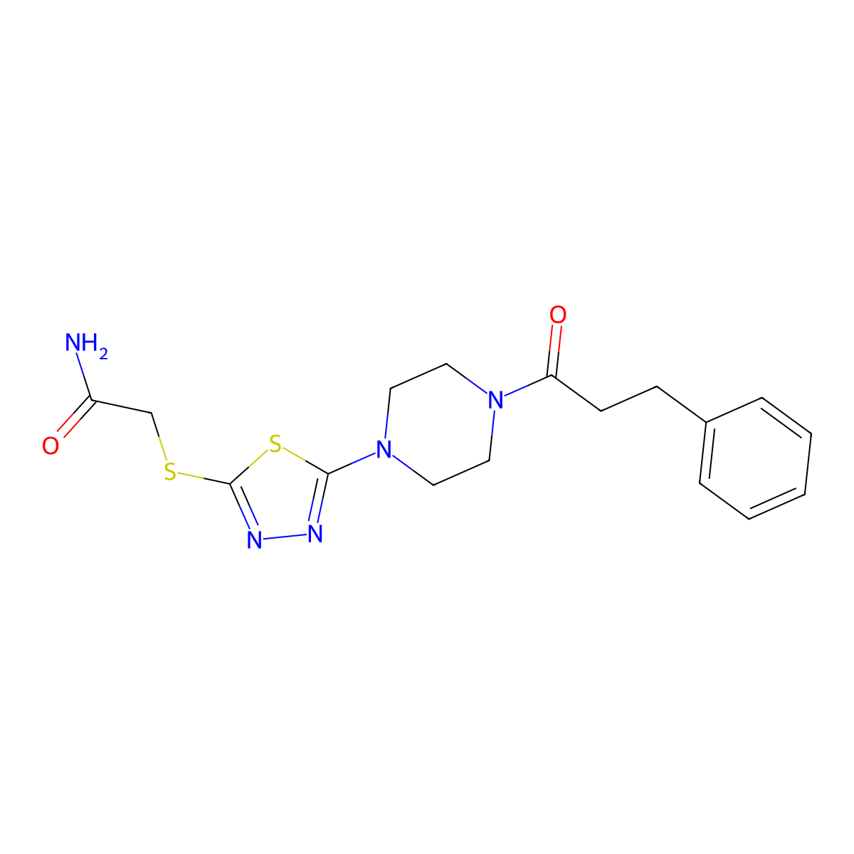 2-((5-(4-(3-Phenylpropanoyl)piperazin-1-yl)-1,3,4-thiadiazol-2-yl)thio)acetamide molecular structure, CAS 1105225-08-8
