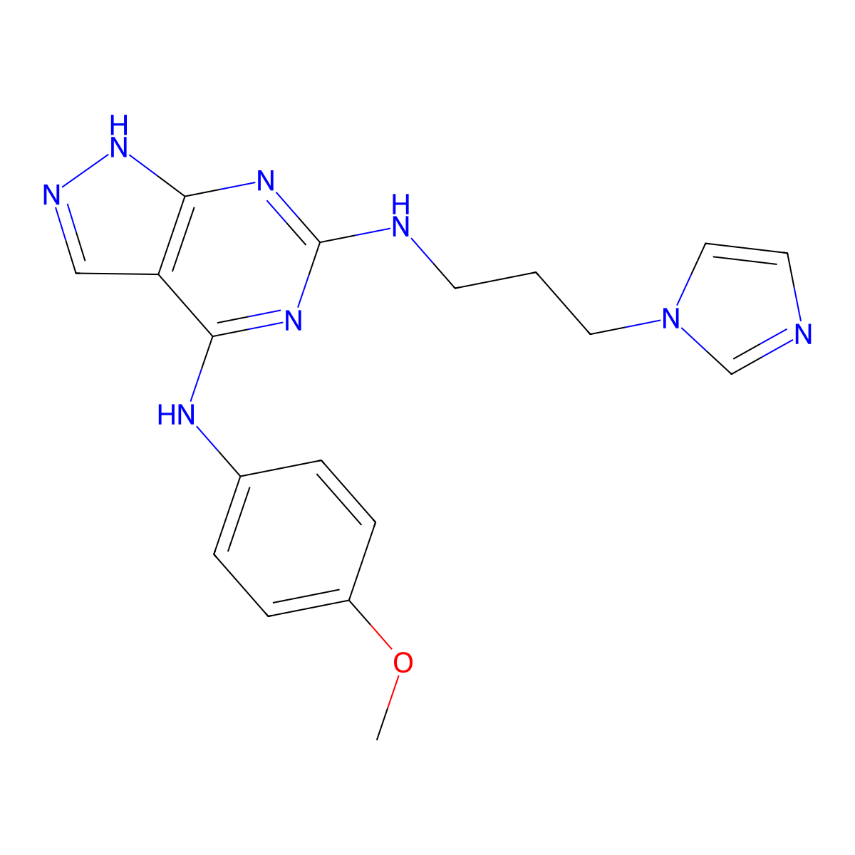 N6-(3-(1H-imidazol-1-yl)propyl)-N4-(4-methoxyphenyl)-1H-pyrazolo[3,4-d]pyrimidine-4,6-diamine molecular structure, CAS 1105225-12-4