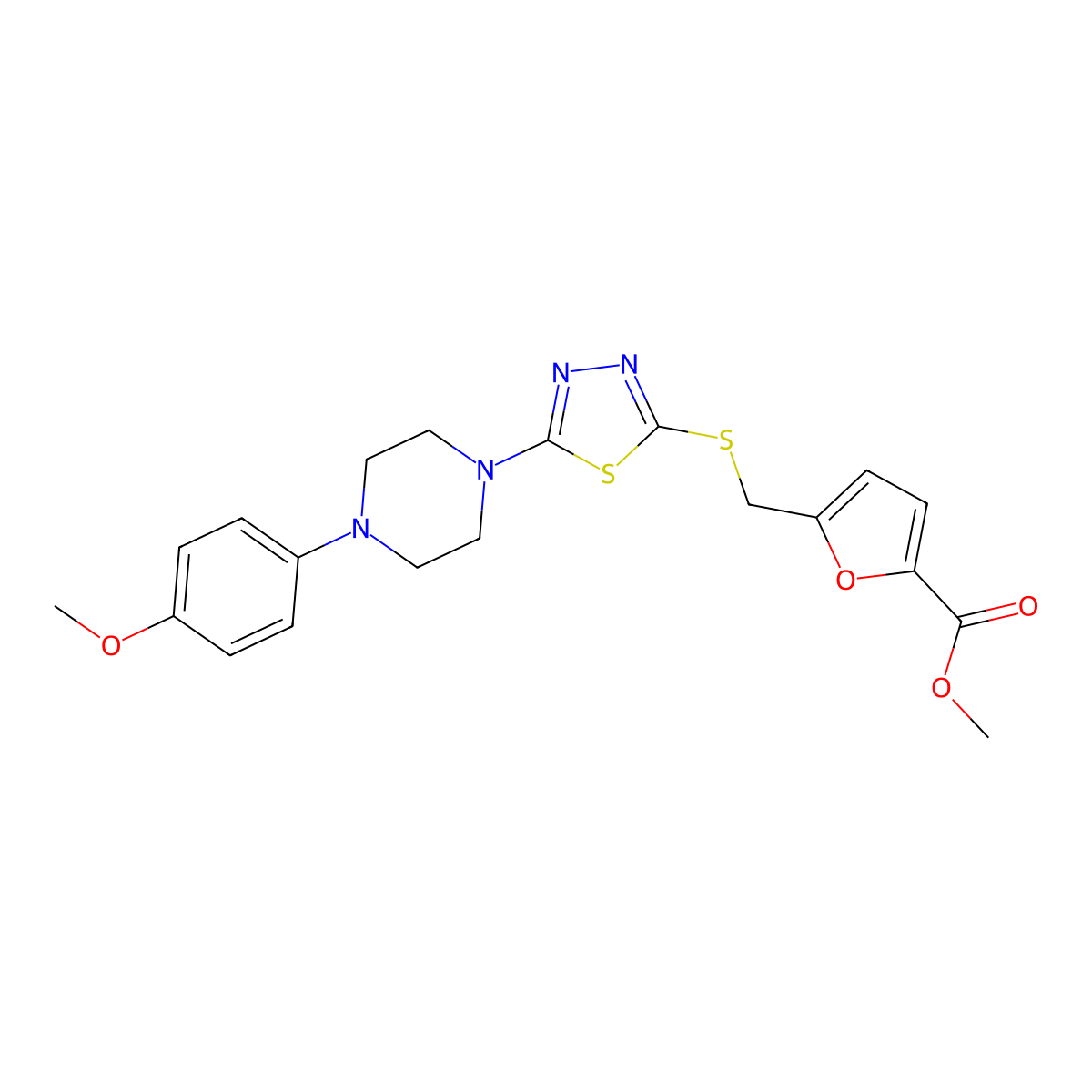 Methyl 5-(((5-(4-(4-methoxyphenyl)piperazin-1-yl)-1,3,4-thiadiazol-2-yl)thio)methyl)furan-2-carboxylate molecular structure, CAS 1105225-13-5