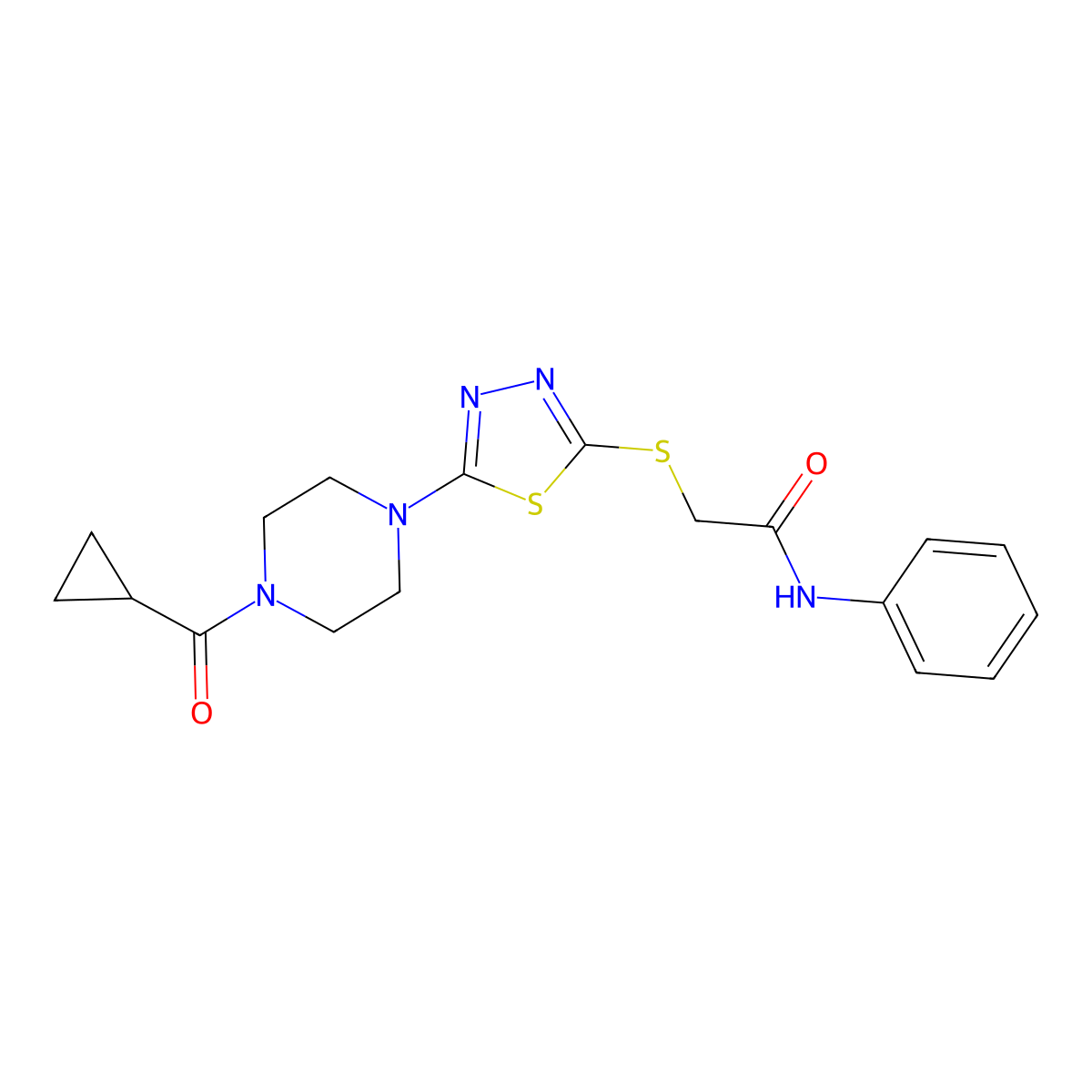 2-((5-(4-(cyclopropanecarbonyl)piperazin-1-yl)-1,3,4-thiadiazol-2-yl)thio)-N-phenylacetamide molecular structure, CAS 1105225-14-6