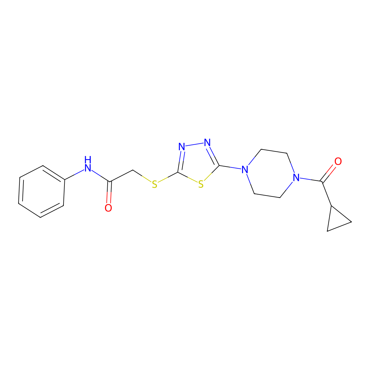2-((5-(4-(cyclopropanecarbonyl)piperazin-1-yl)-1,3,4-thiadiazol-2-yl)thio)-N-phenylacetamide molecular structure, CAS 1105225-14-6
