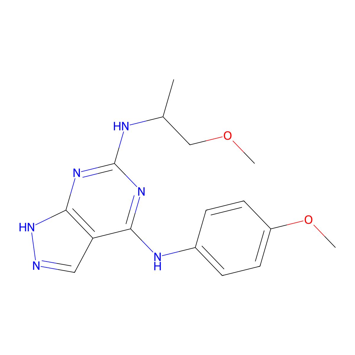 N4-(4-methoxyphenyl)-N6-(1-methoxypropan-2-yl)-1H-pyrazolo[3,4-d]pyrimidine-4,6-diamine molecular structure, CAS 1105225-18-0