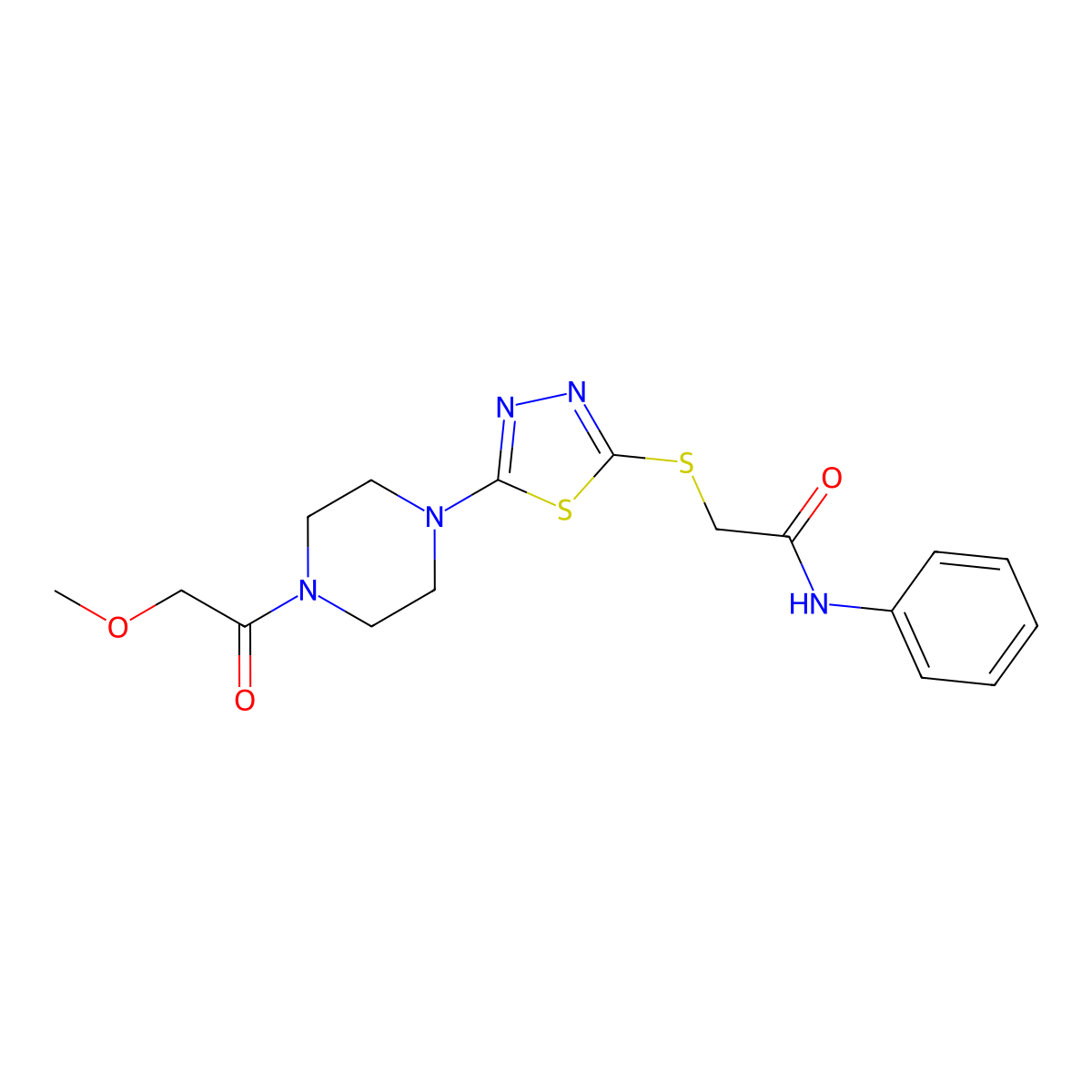 2-((5-(4-(2-methoxyacetyl)piperazin-1-yl)-1,3,4-thiadiazol-2-yl)thio)-N-phenylacetamide molecular structure, CAS 1105225-20-4