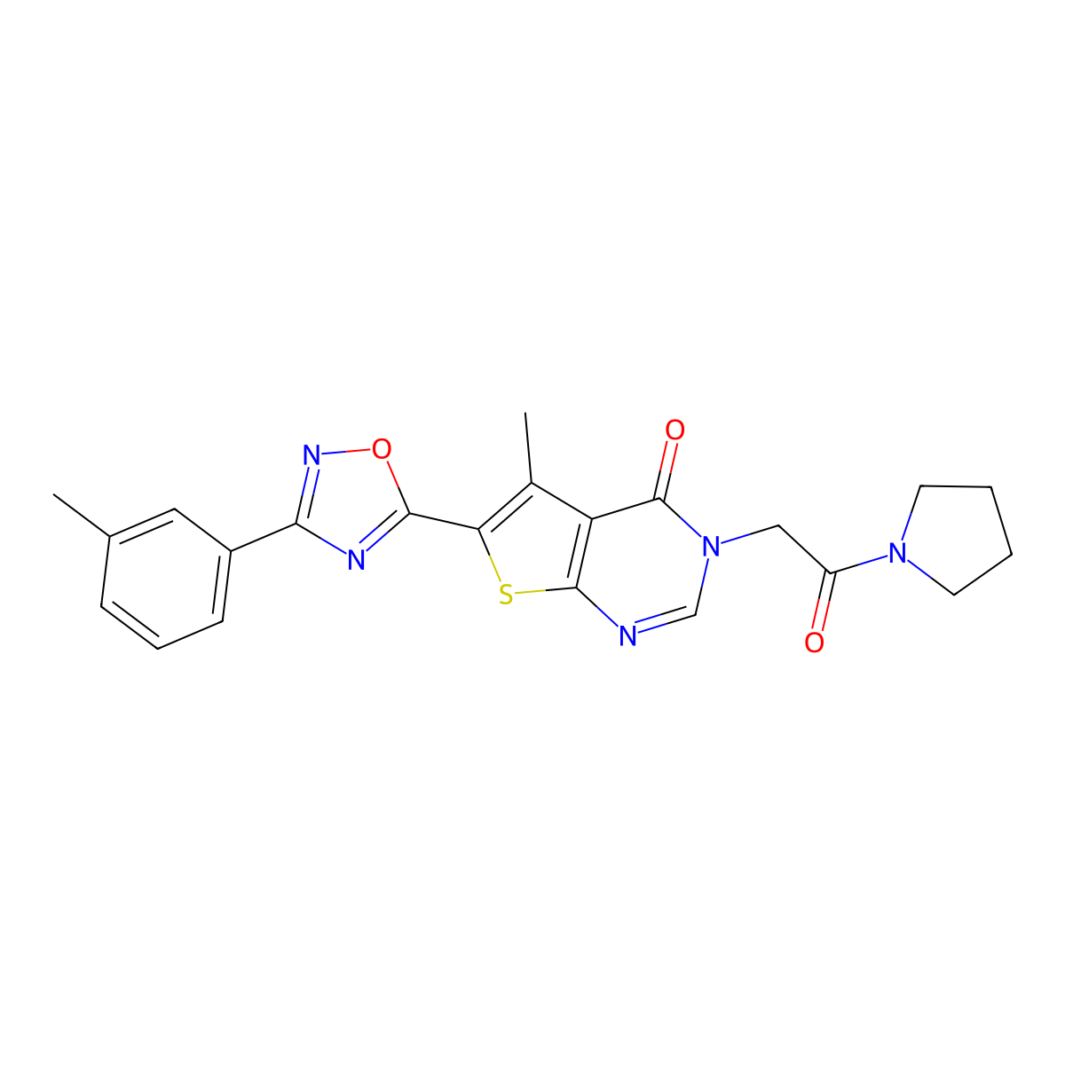 5-methyl-3-(2-oxo-2-(pyrrolidin-1-yl)ethyl)-6-(3-(m-tolyl)-1,2,4-oxadiazol-5-yl)thieno[2,3-d]pyrimidin-4(3H)-one molecular structure, CAS 1105225-28-2