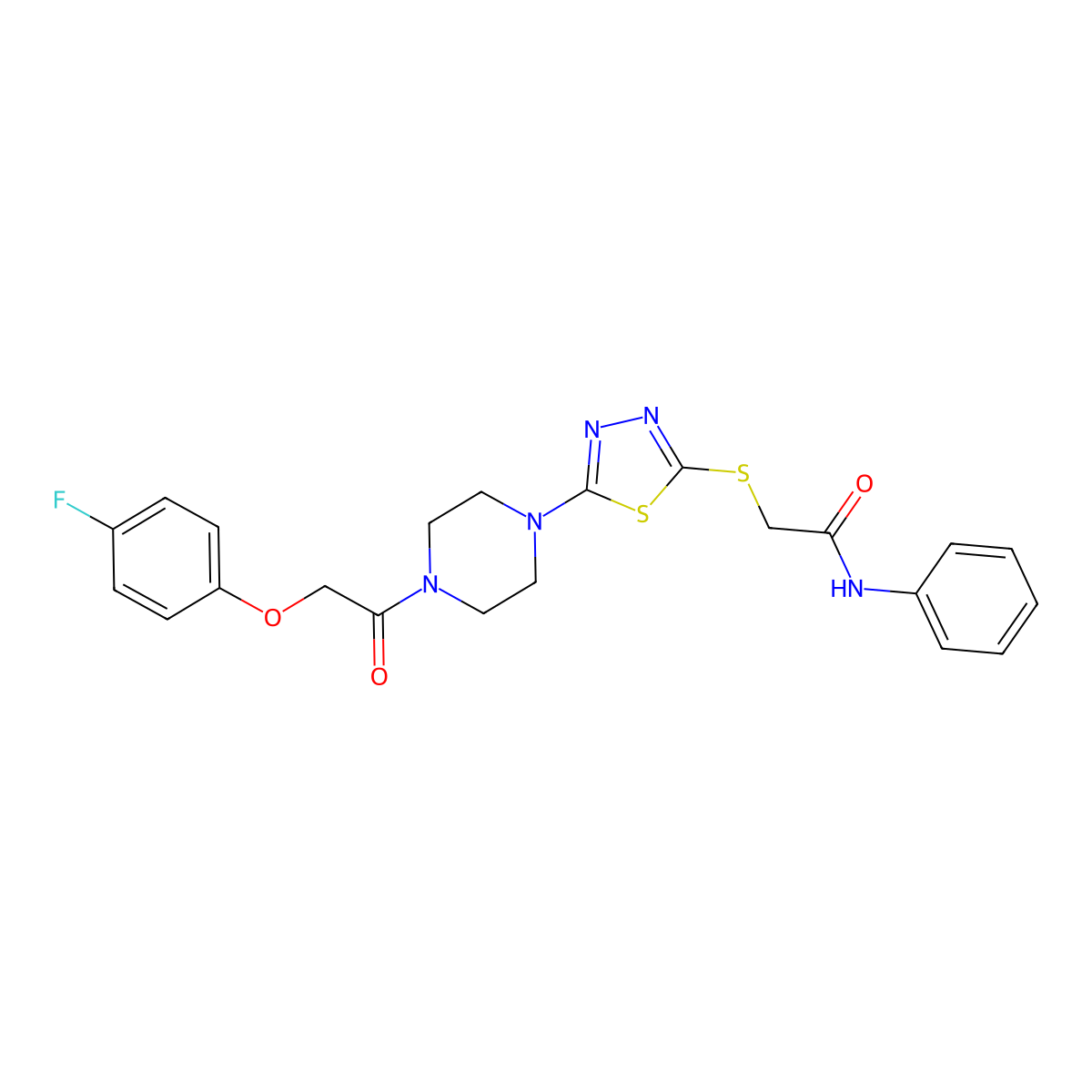 2-((5-(4-(2-(4-fluorophenoxy)acetyl)piperazin-1-yl)-1,3,4-thiadiazol-2-yl)thio)-N-phenylacetamide molecular structure, CAS 1105225-32-8