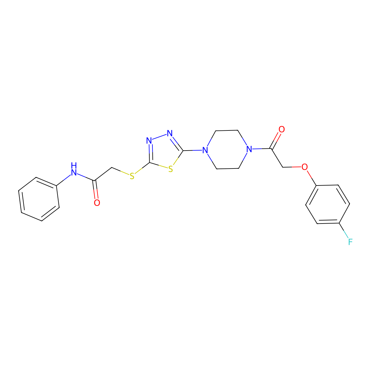 2-((5-(4-(2-(4-fluorophenoxy)acetyl)piperazin-1-yl)-1,3,4-thiadiazol-2-yl)thio)-N-phenylacetamide molecular structure, CAS 1105225-32-8