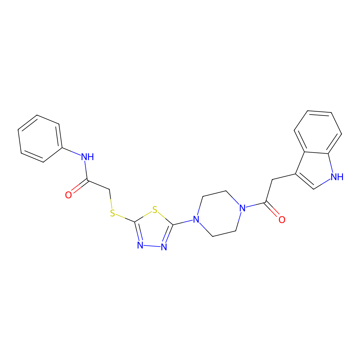 2-[(5-{4-[2-(1H-indol-3-yl)acetyl]piperazin-1-yl}-1,3,4-thiadiazol-2-yl)sulfanyl]-N-phenylacetamide molecular structure, CAS 1105225-38-4