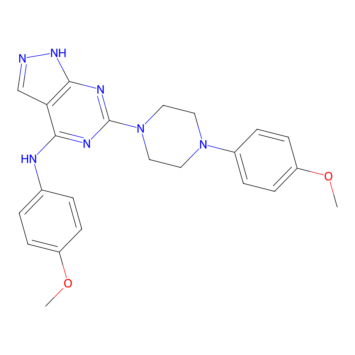 N-(4-methoxyphenyl)-6-[4-(4-methoxyphenyl)piperazin-1-yl]-1H-pyrazolo[3,4-d]pyrimidin-4-amine molecular structure, CAS 1105225-41-9