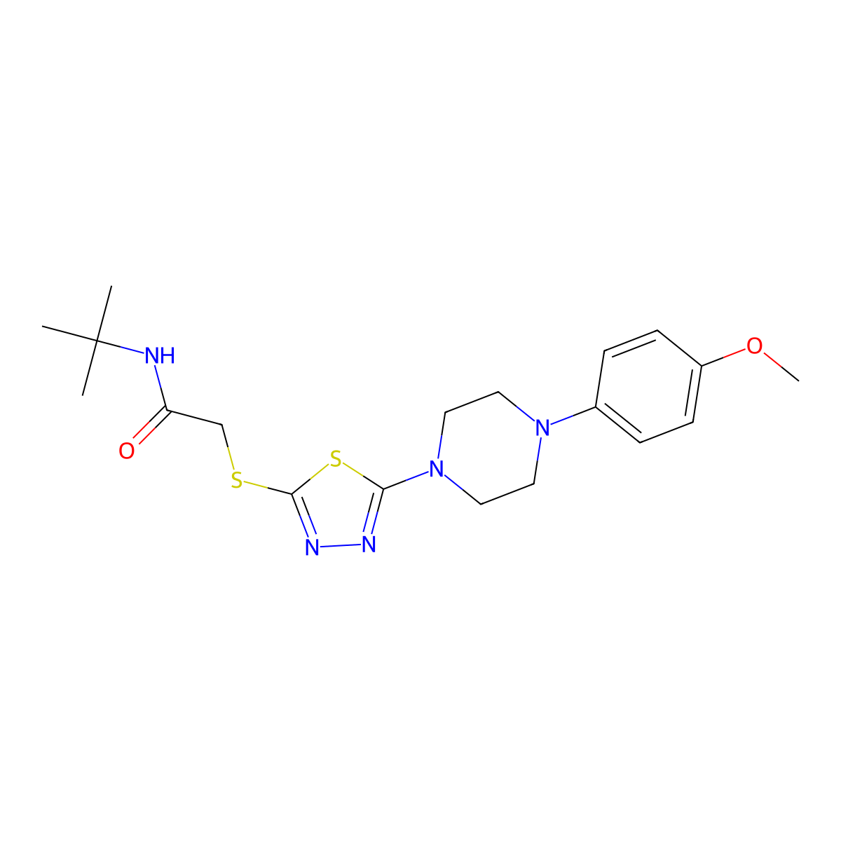 N-(tert-butyl)-2-((5-(4-(4-methoxyphenyl)piperazin-1-yl)-1,3,4-thiadiazol-2-yl)thio)acetamide molecular structure, CAS 1105225-42-0