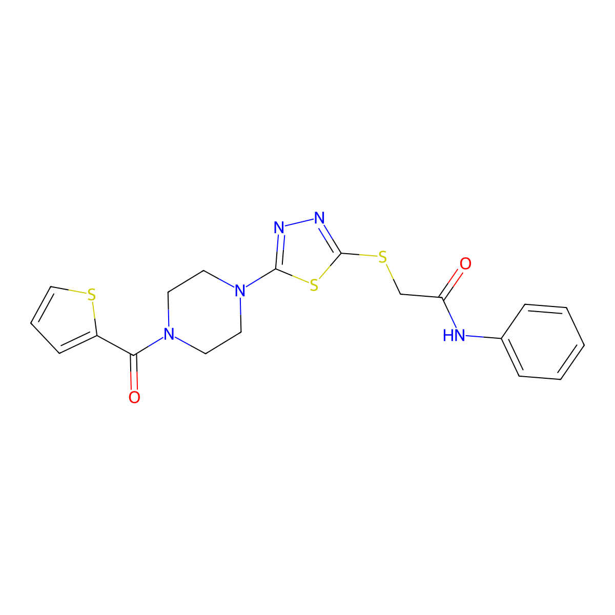N-phenyl-2-((5-(4-(thiophene-2-carbonyl)piperazin-1-yl)-1,3,4-thiadiazol-2-yl)thio)acetamide molecular structure, CAS 1105225-43-1