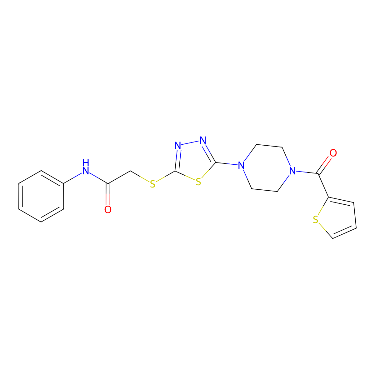 N-phenyl-2-((5-(4-(thiophene-2-carbonyl)piperazin-1-yl)-1,3,4-thiadiazol-2-yl)thio)acetamide molecular structure, CAS 1105225-43-1