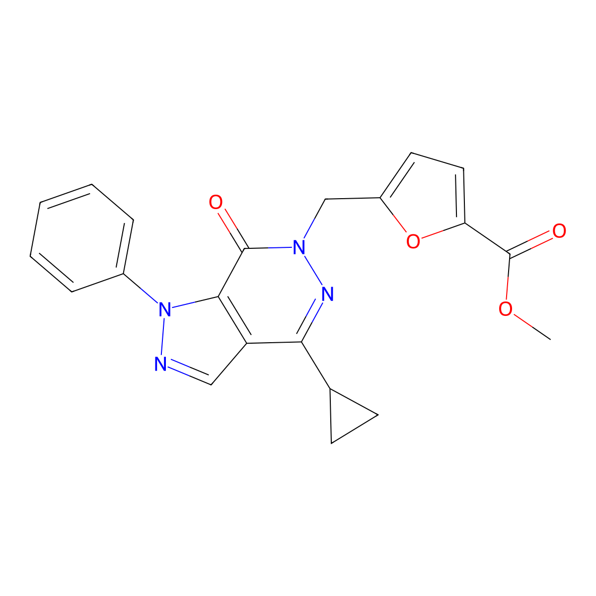 methyl 5-((4-cyclopropyl-7-oxo-1-phenyl-1H-pyrazolo[3,4-d]pyridazin-6(7H)-yl)methyl)furan-2-carboxylate molecular structure, CAS 1105225-45-3