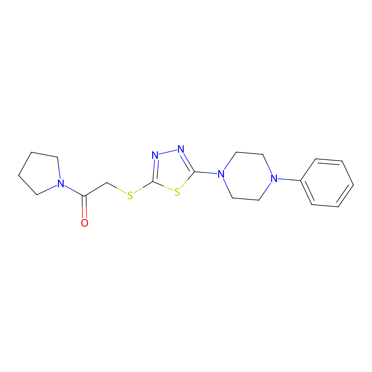 2-((5-(4-Phenylpiperazin-1-yl)-1,3,4-thiadiazol-2-yl)thio)-1-(pyrrolidin-1-yl)ethanone molecular structure, CAS 1105225-47-5