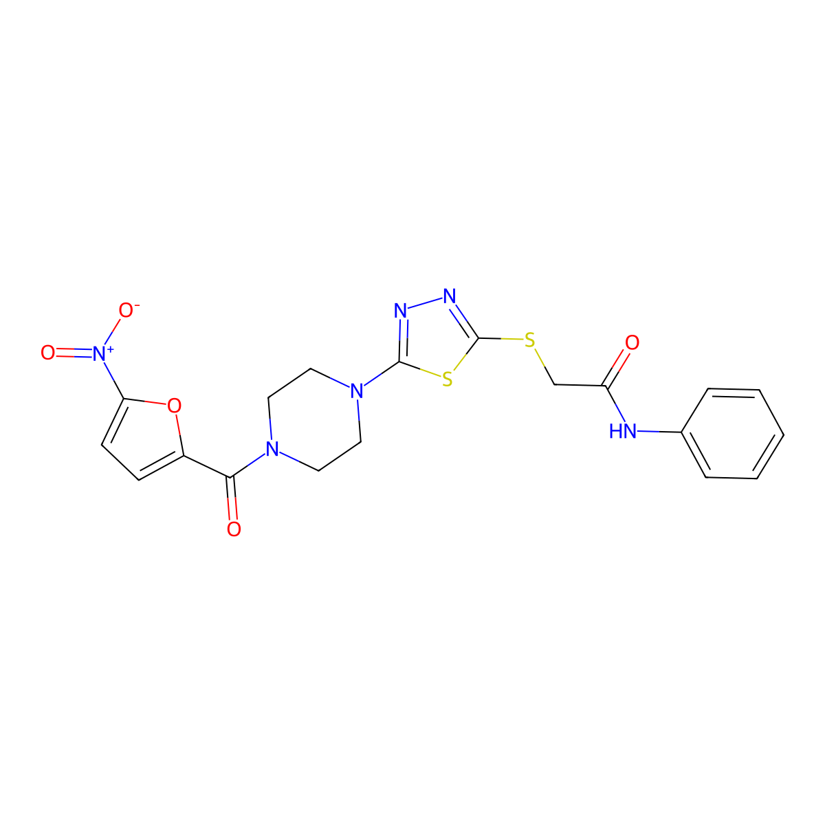 2-((5-(4-(5-nitrofuran-2-carbonyl)piperazin-1-yl)-1,3,4-thiadiazol-2-yl)thio)-N-phenylacetamide molecular structure, CAS 1105225-48-6