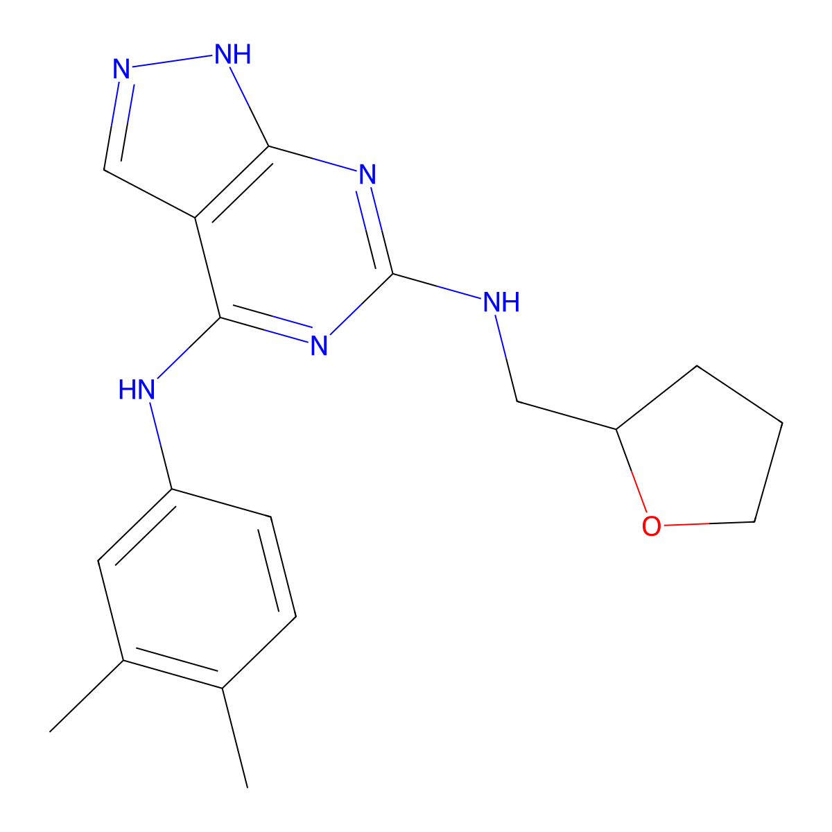 N~4~-(3,4-dimethylphenyl)-N~6~-(tetrahydrofuran-2-ylmethyl)-1H-pyrazolo[3,4-d]pyrimidine-4,6-diamine molecular structure, CAS 1105225-51-1
