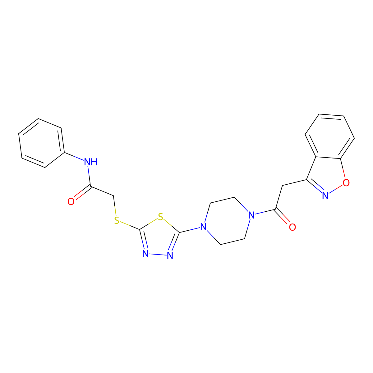 2-[(5-{4-[2-(1,2-benzoxazol-3-yl)acetyl]piperazin-1-yl}-1,3,4-thiadiazol-2-yl)sulfanyl]-N-phenylacetamide molecular structure, CAS 1105225-53-3