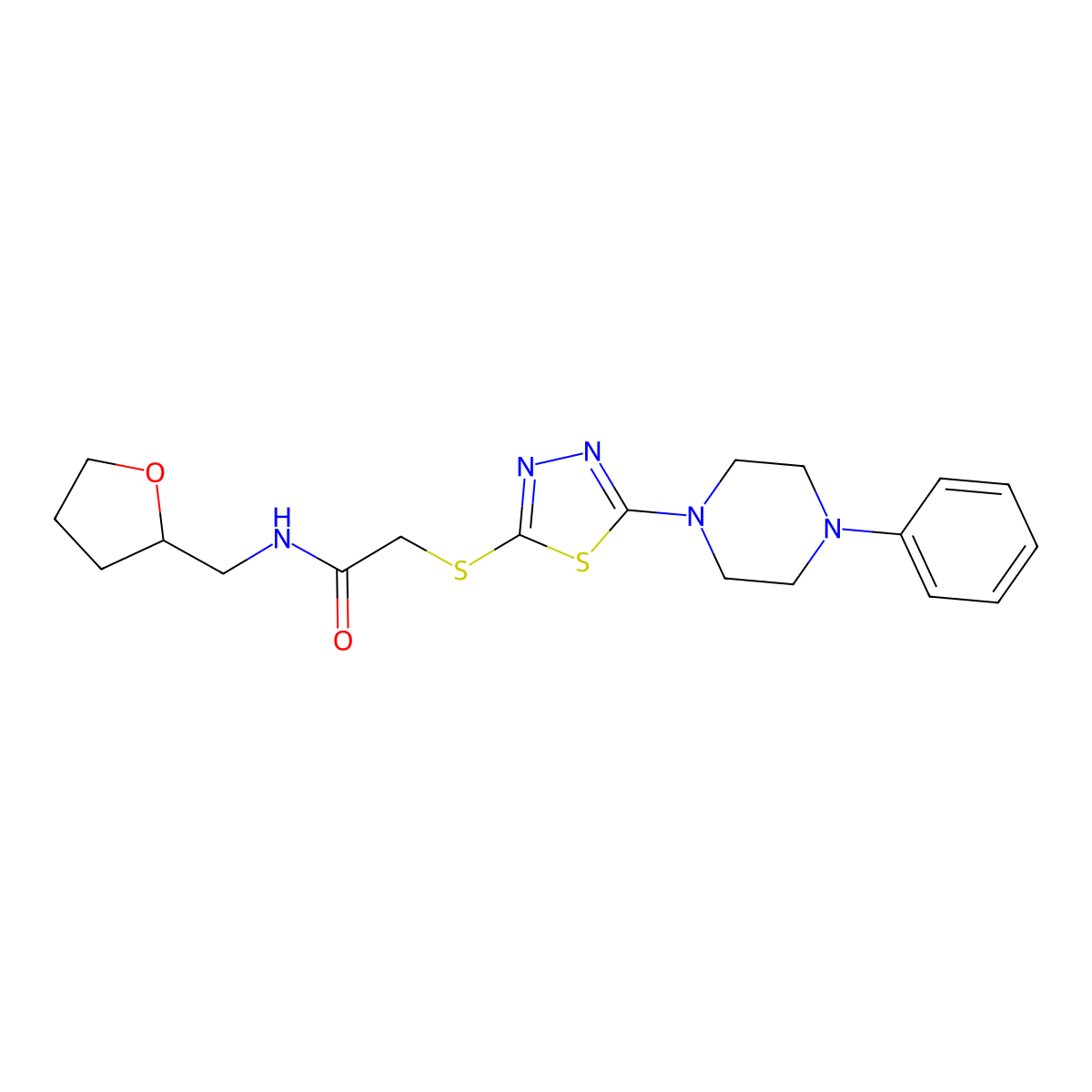 2-((5-(4-phenylpiperazin-1-yl)-1,3,4-thiadiazol-2-yl)thio)-N-((tetrahydrofuran-2-yl)methyl)acetamide molecular structure, CAS 1105225-57-7