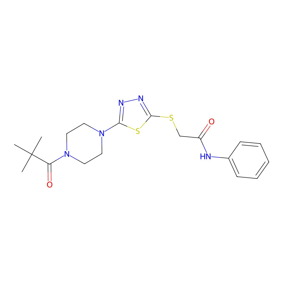 2-({5-[4-(2,2-dimethylpropanoyl)piperazin-1-yl]-1,3,4-thiadiazol-2-yl}sulfanyl)-N-phenylacetamide molecular structure, CAS 1105225-58-8