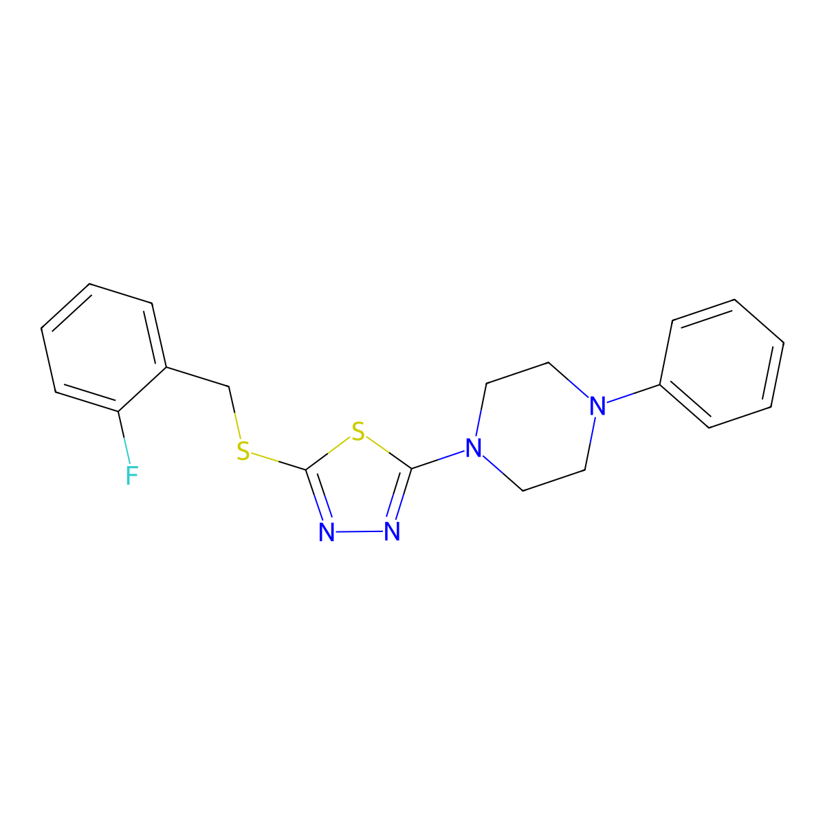 2-((2-Fluorobenzyl)thio)-5-(4-phenylpiperazin-1-yl)-1,3,4-thiadiazole molecular structure, CAS 1105225-67-9