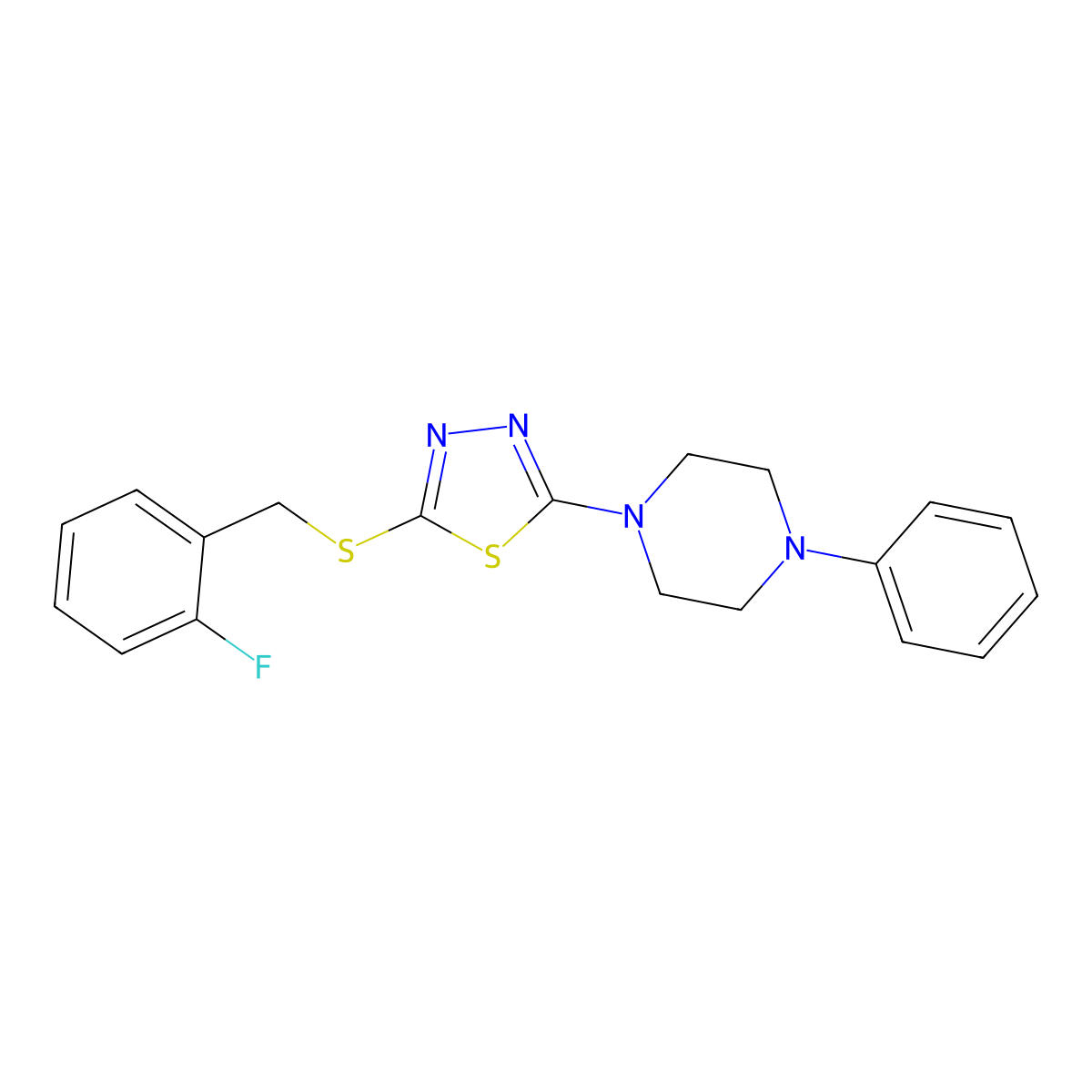 2-((2-Fluorobenzyl)thio)-5-(4-phenylpiperazin-1-yl)-1,3,4-thiadiazole molecular structure, CAS 1105225-67-9