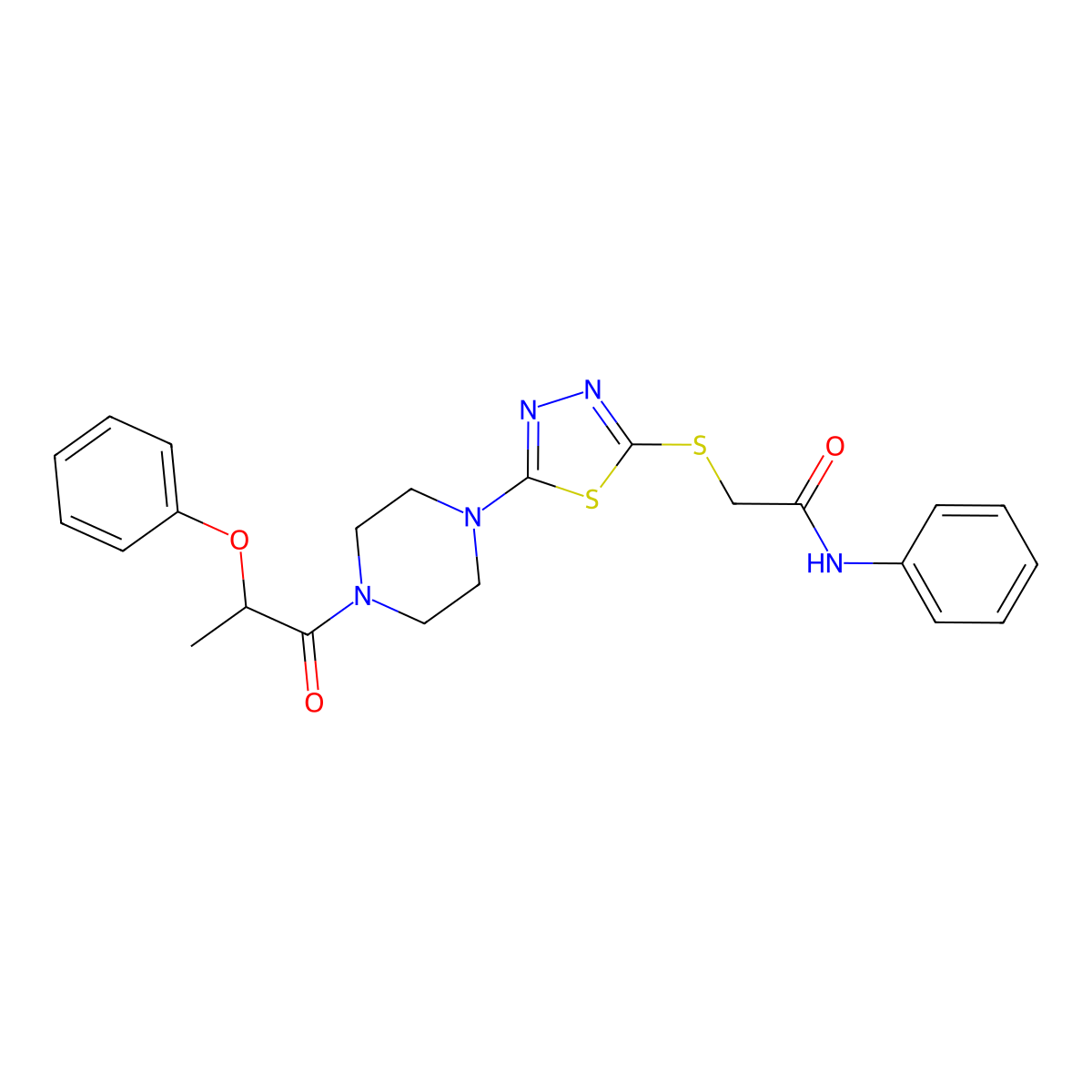2-((5-(4-(2-phenoxypropanoyl)piperazin-1-yl)-1,3,4-thiadiazol-2-yl)thio)-N-phenylacetamide molecular structure, CAS 1105225-72-6