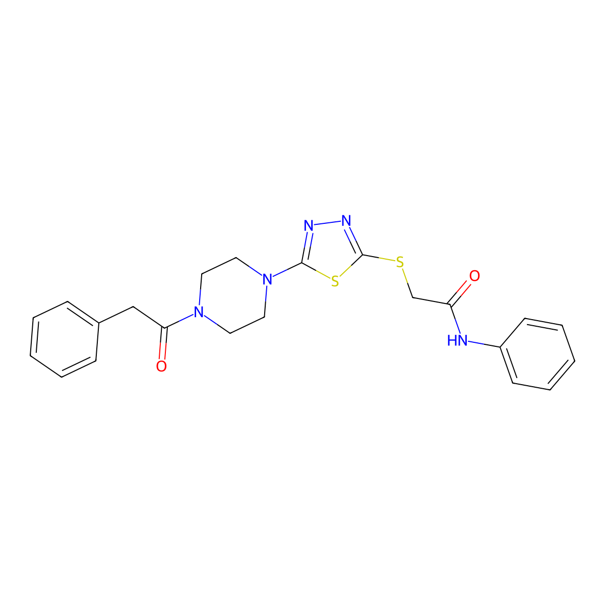 N-phenyl-2-((5-(4-(2-phenylacetyl)piperazin-1-yl)-1,3,4-thiadiazol-2-yl)thio)acetamide molecular structure, CAS 1105225-77-1