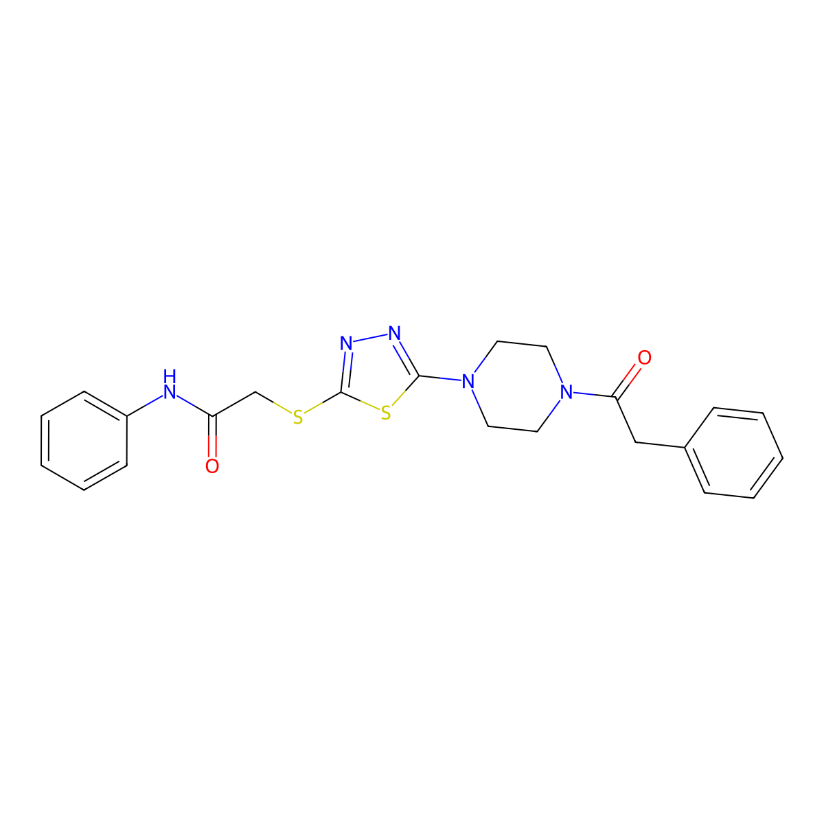 N-phenyl-2-((5-(4-(2-phenylacetyl)piperazin-1-yl)-1,3,4-thiadiazol-2-yl)thio)acetamide molecular structure, CAS 1105225-77-1