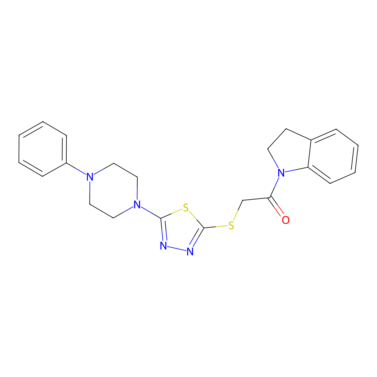 1-(Indolin-1-yl)-2-((5-(4-phenylpiperazin-1-yl)-1,3,4-thiadiazol-2-yl)thio)ethanone molecular structure, CAS 1105225-80-6