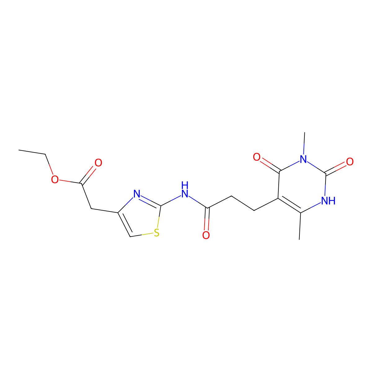 Ethyl 2-(2-(3-(3,6-dimethyl-2,4-dioxo-1,2,3,4-tetrahydropyrimidin-5-yl)propanamido)thiazol-4-yl)acetate molecular structure, CAS 1105225-81-7