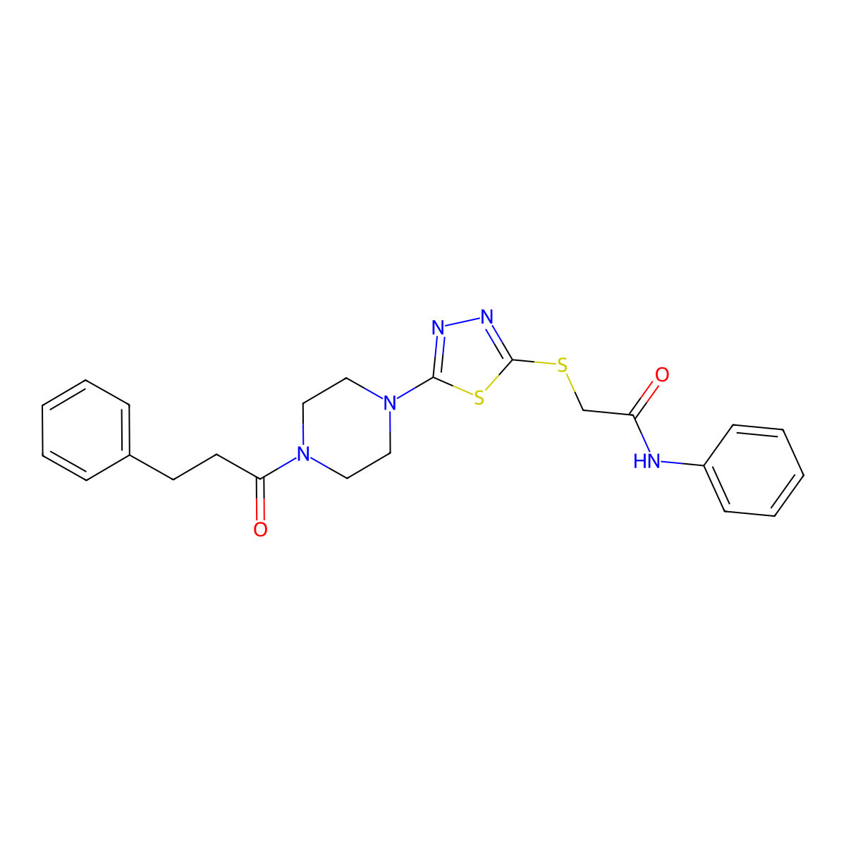 N-phenyl-2-((5-(4-(3-phenylpropanoyl)piperazin-1-yl)-1,3,4-thiadiazol-2-yl)thio)acetamide molecular structure, CAS 1105225-82-8