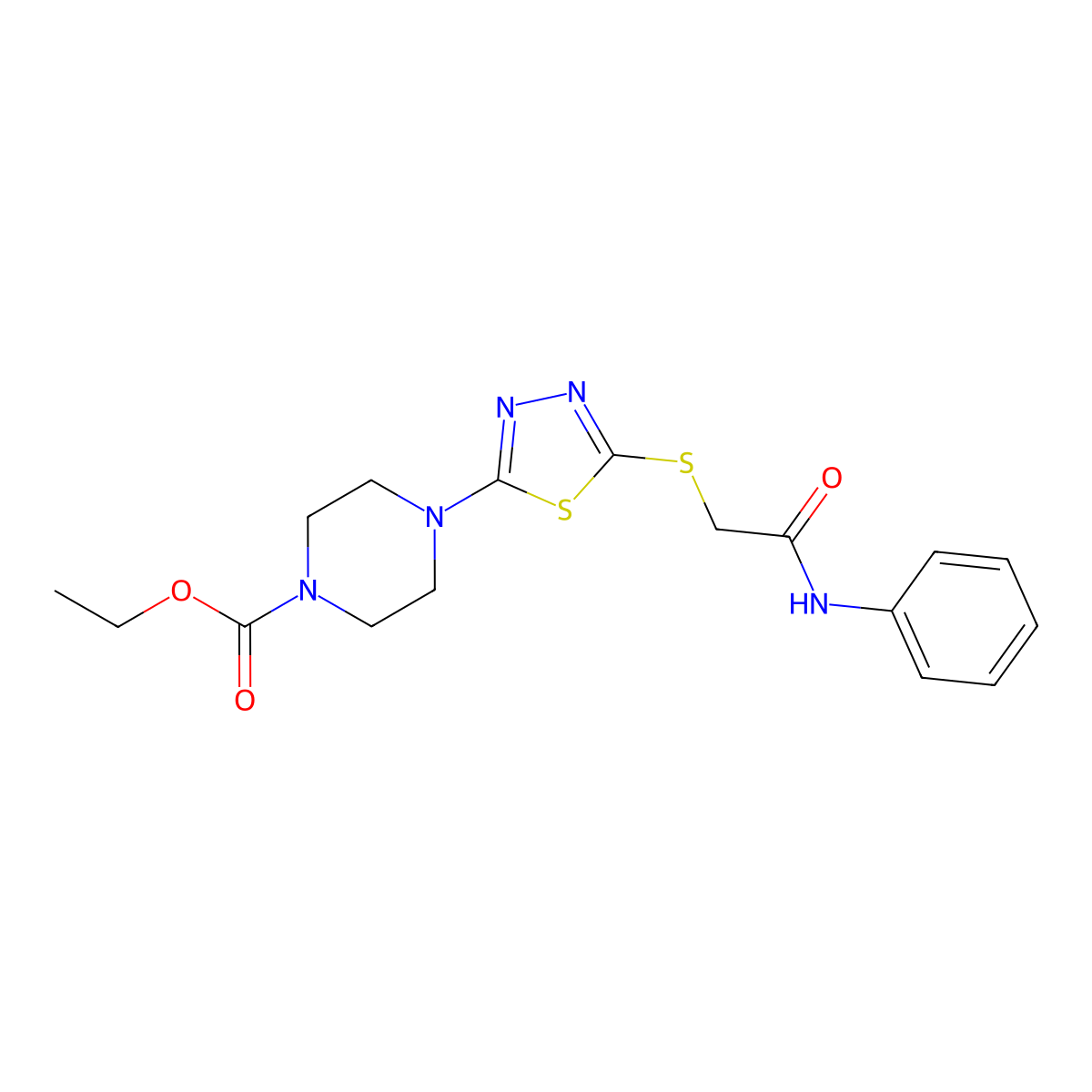 Ethyl 4-(5-((2-oxo-2-(phenylamino)ethyl)thio)-1,3,4-thiadiazol-2-yl)piperazine-1-carboxylate molecular structure, CAS 1105225-87-3