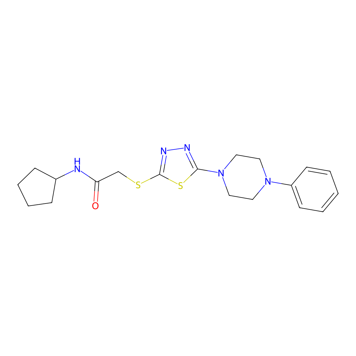 N-cyclopentyl-2-((5-(4-phenylpiperazin-1-yl)-1,3,4-thiadiazol-2-yl)thio)acetamide molecular structure, CAS 1105225-90-8