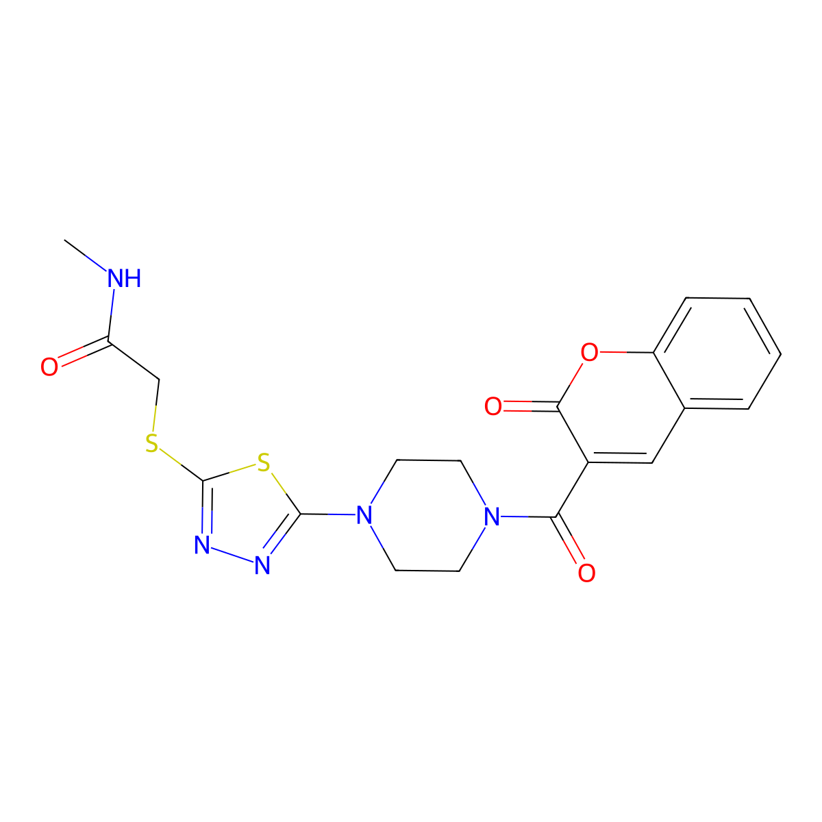 N-methyl-2-((5-(4-(2-oxo-2H-chromene-3-carbonyl)piperazin-1-yl)-1,3,4-thiadiazol-2-yl)thio)acetamide molecular structure, CAS 1105225-92-0