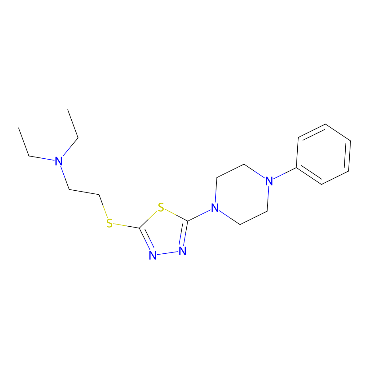 N,N-diethyl-2-((5-(4-phenylpiperazin-1-yl)-1,3,4-thiadiazol-2-yl)thio)ethanamine molecular structure, CAS 1105225-95-3