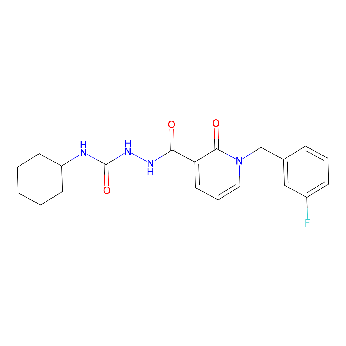 N-[(cyclohexylcarbamoyl)amino]-1-[(3-fluorophenyl)methyl]-2-oxo-1,2-dihydropyridine-3-carboxamide molecular structure, CAS 1105225-99-7
