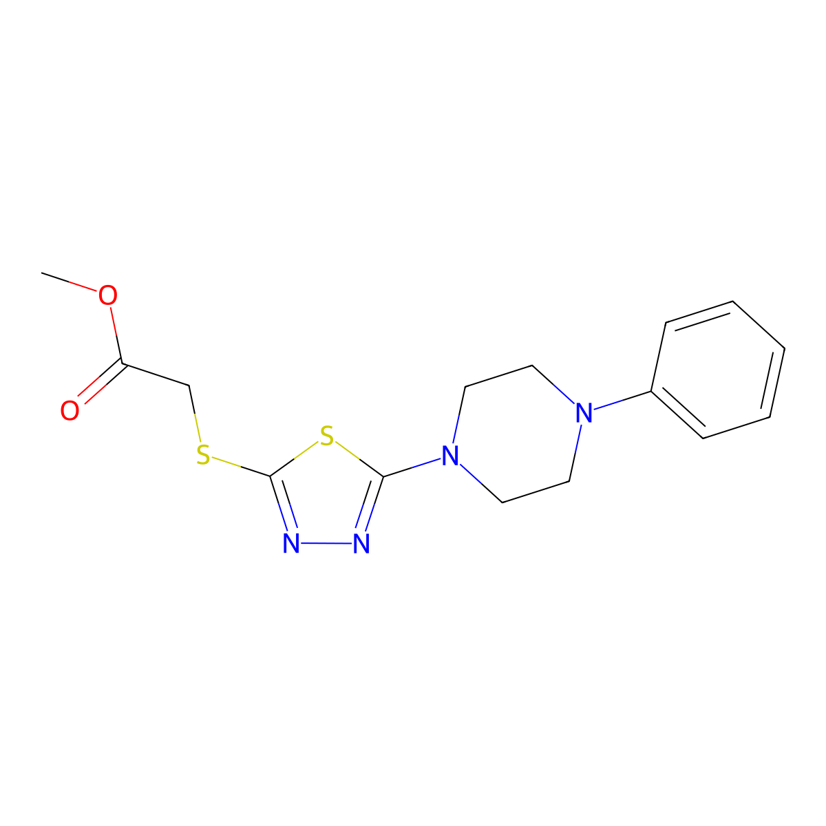 Methyl 2-((5-(4-phenylpiperazin-1-yl)-1,3,4-thiadiazol-2-yl)thio)acetate molecular structure, CAS 1105226-00-3