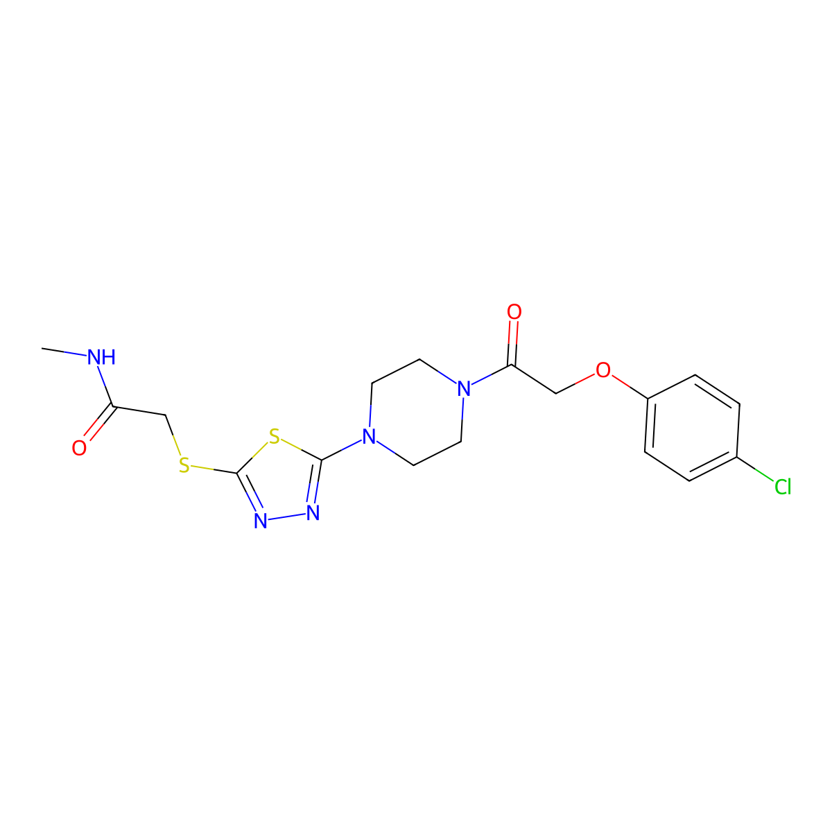 2-((5-(4-(2-(4-chlorophenoxy)acetyl)piperazin-1-yl)-1,3,4-thiadiazol-2-yl)thio)-N-methylacetamide molecular structure, CAS 1105226-07-0