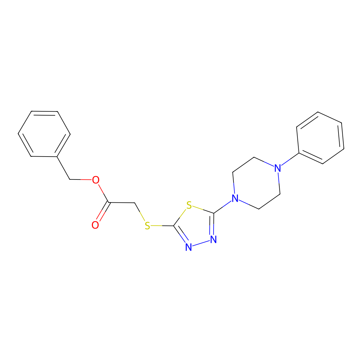 Benzyl 2-((5-(4-phenylpiperazin-1-yl)-1,3,4-thiadiazol-2-yl)thio)acetate molecular structure, CAS 1105226-10-5