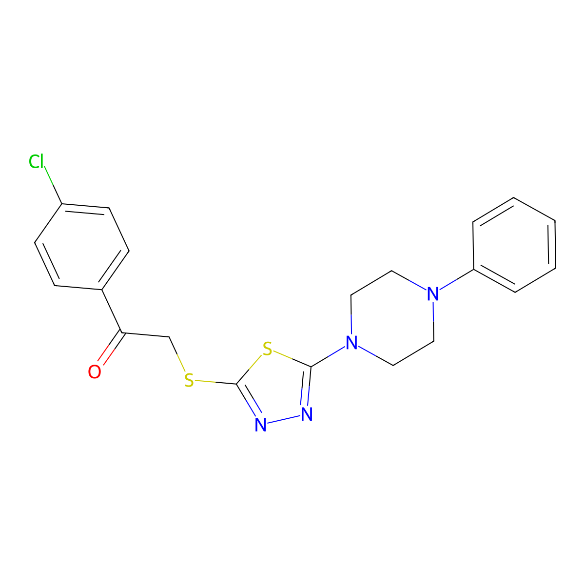 1-(4-Chlorophenyl)-2-((5-(4-phenylpiperazin-1-yl)-1,3,4-thiadiazol-2-yl)thio)ethanone molecular structure, CAS 1105226-15-0