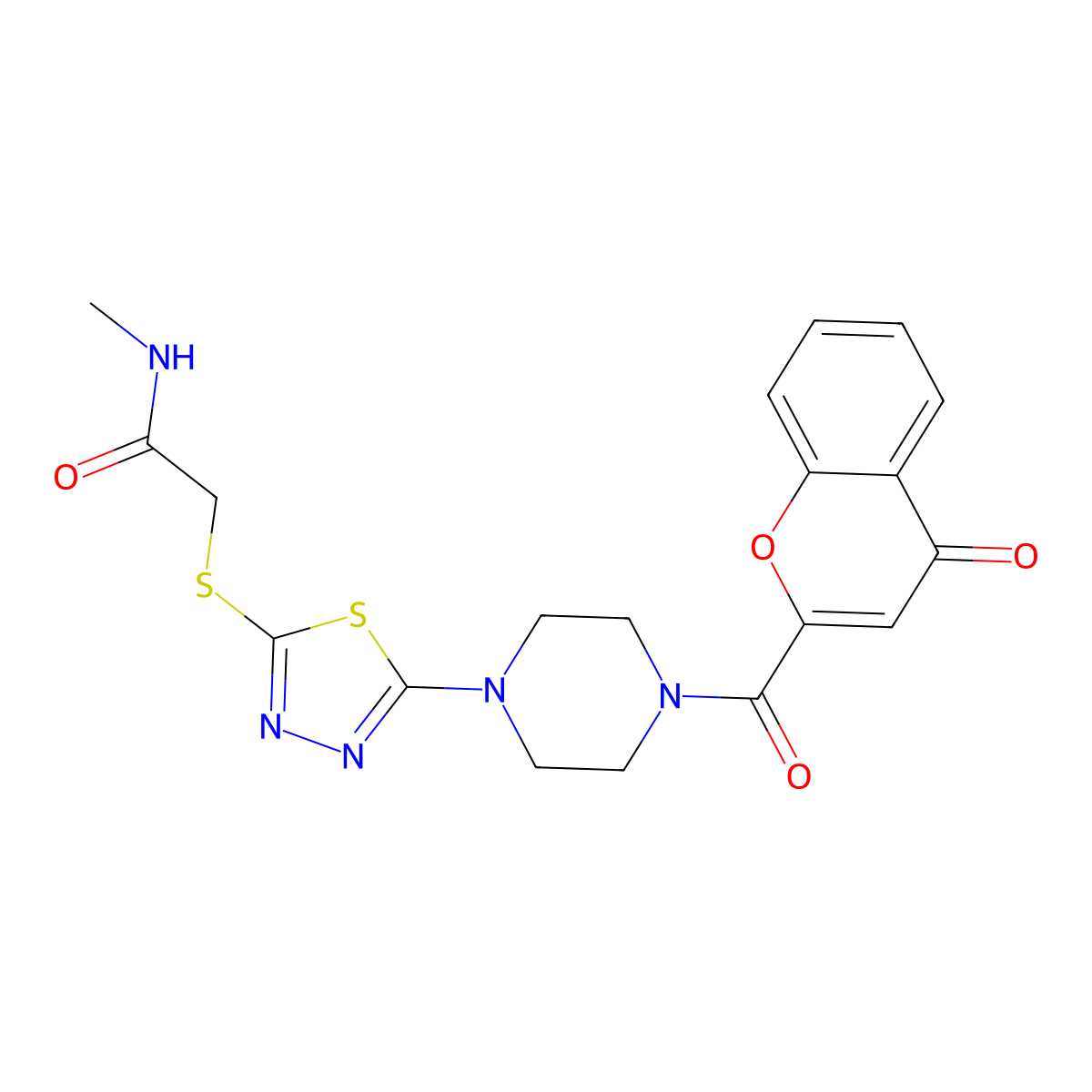 N-methyl-2-((5-(4-(4-oxo-4H-chromene-2-carbonyl)piperazin-1-yl)-1,3,4-thiadiazol-2-yl)thio)acetamide molecular structure, CAS 1105226-17-2