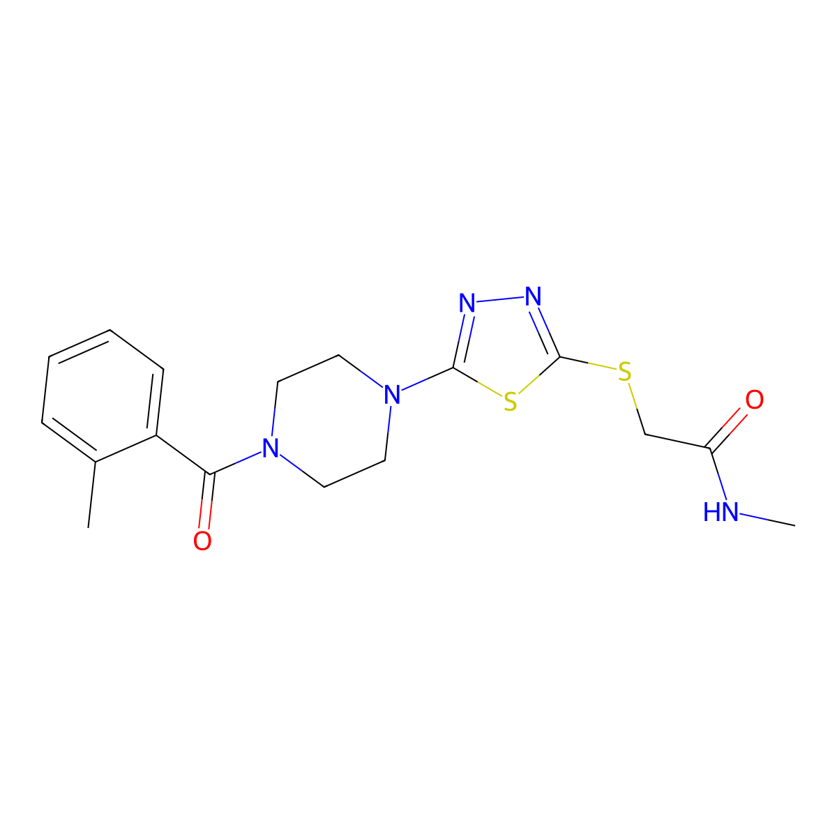 N-methyl-2-((5-(4-(2-methylbenzoyl)piperazin-1-yl)-1,3,4-thiadiazol-2-yl)thio)acetamide molecular structure, CAS 1105226-28-5