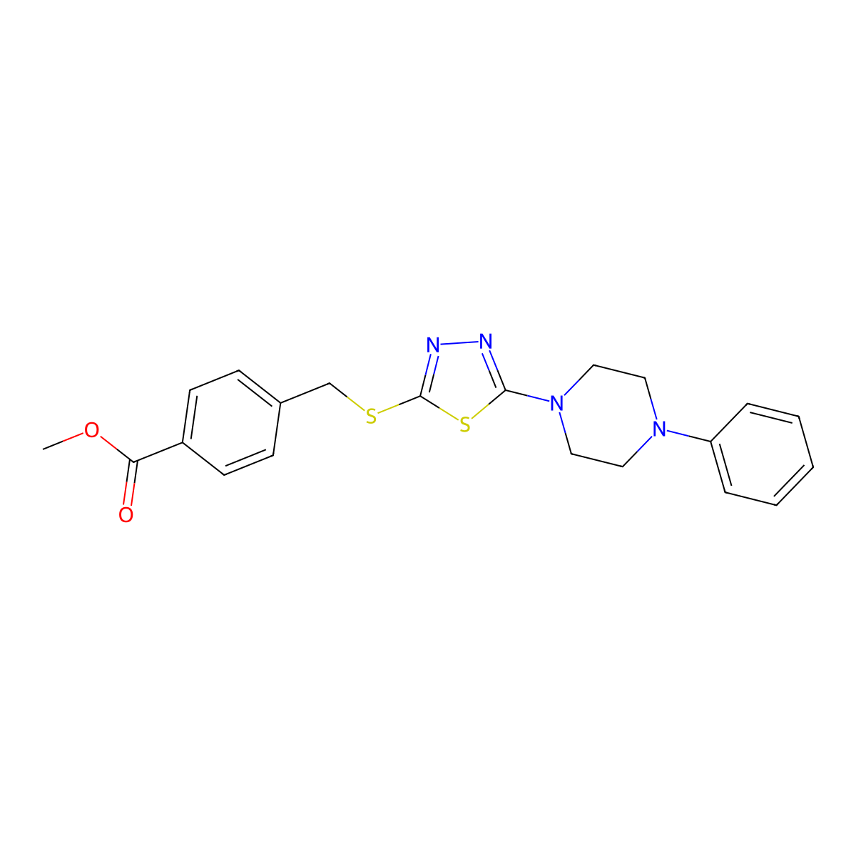 Methyl 4-(((5-(4-phenylpiperazin-1-yl)-1,3,4-thiadiazol-2-yl)thio)methyl)benzoate molecular structure, CAS 1105226-31-0