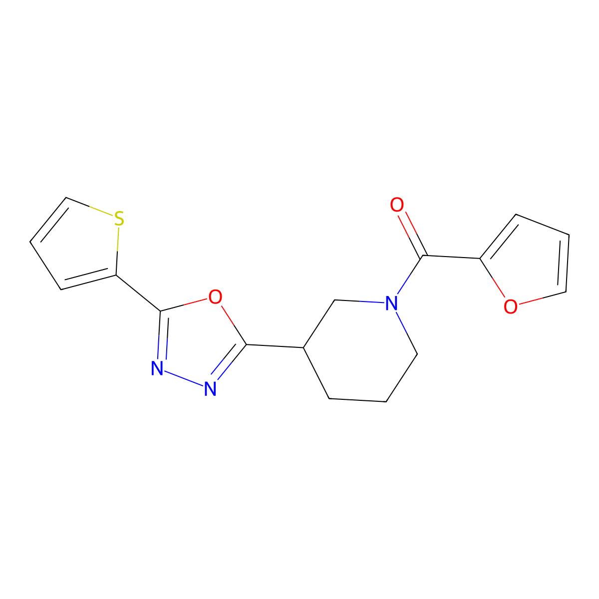 Furan-2-yl(3-(5-(thiophen-2-yl)-1,3,4-oxadiazol-2-yl)piperidin-1-yl)methanone molecular structure, CAS 1105226-43-4