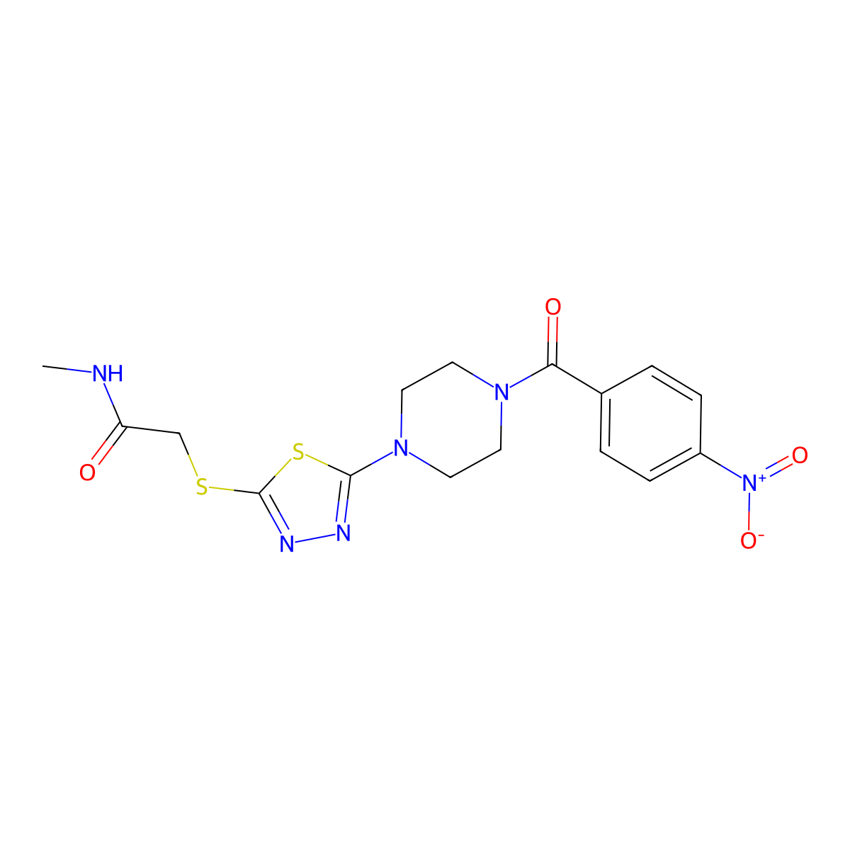 N-methyl-2-((5-(4-(4-nitrobenzoyl)piperazin-1-yl)-1,3,4-thiadiazol-2-yl)thio)acetamide molecular structure, CAS 1105226-46-7