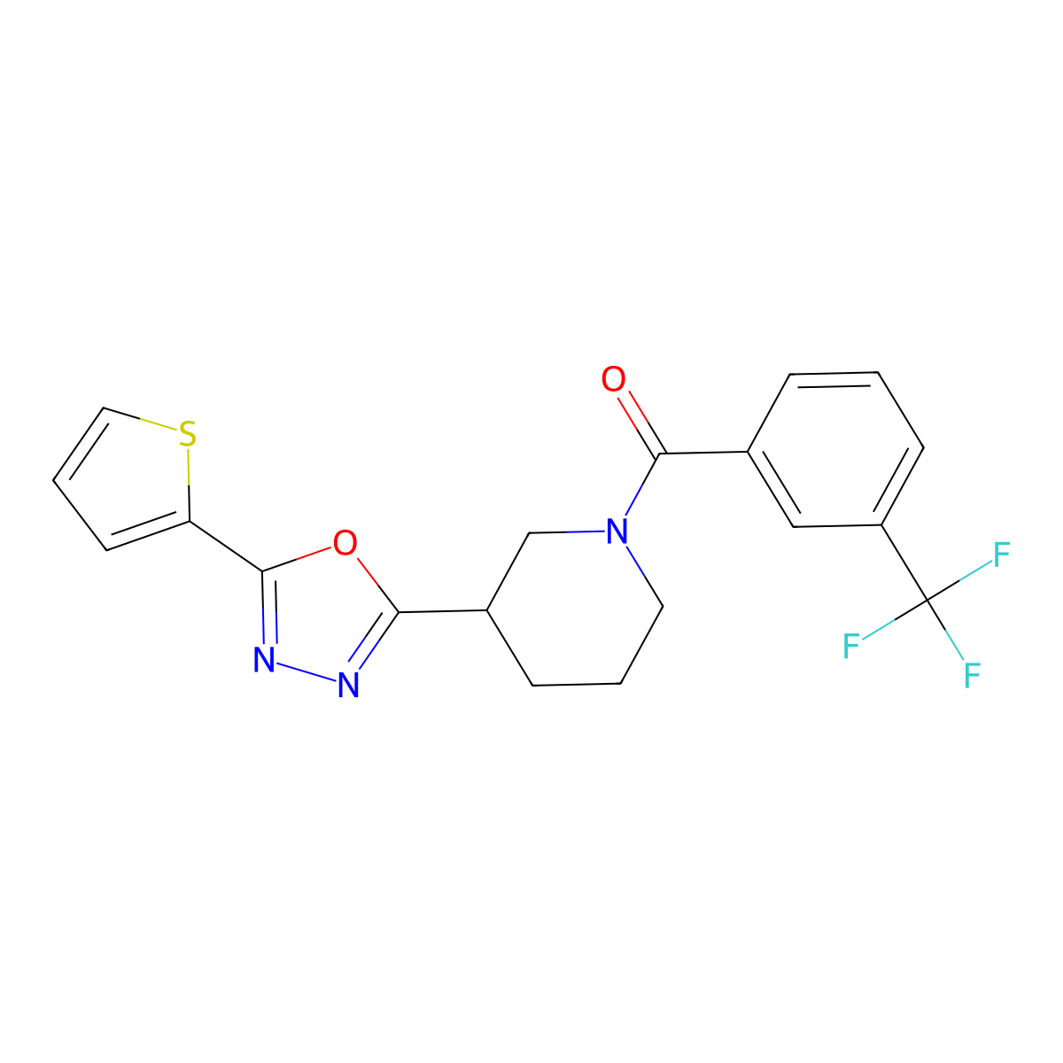 (3-(5-(Thiophen-2-yl)-1,3,4-oxadiazol-2-yl)piperidin-1-yl)(3-(trifluoromethyl)phenyl)methanone molecular structure, CAS 1105226-49-0