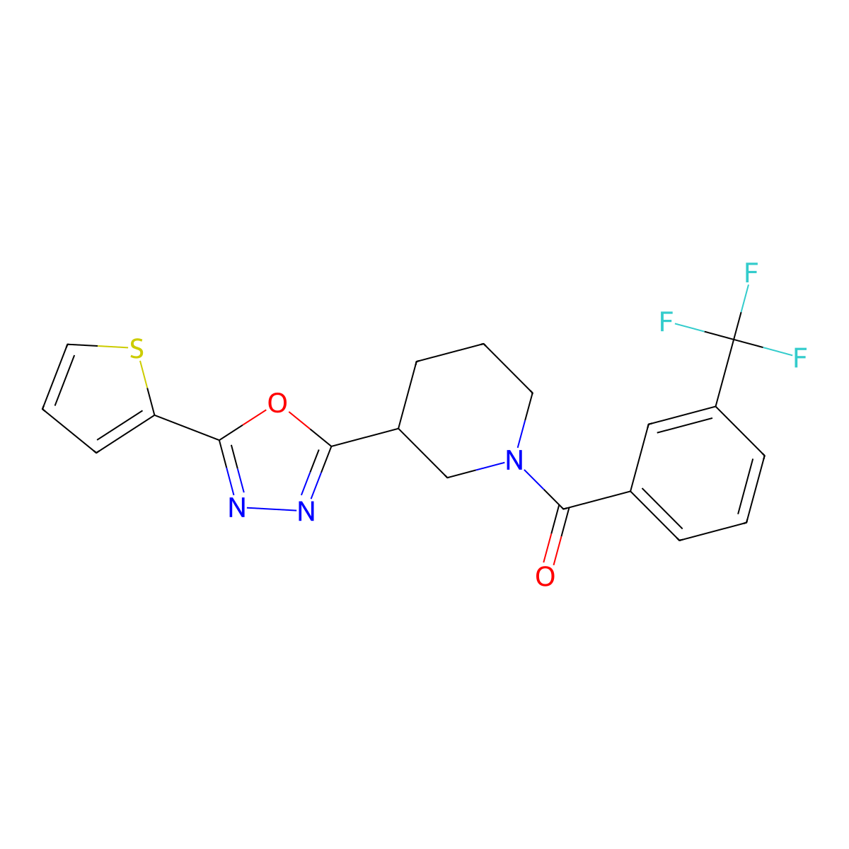 (3-(5-(Thiophen-2-yl)-1,3,4-oxadiazol-2-yl)piperidin-1-yl)(3-(trifluoromethyl)phenyl)methanone molecular structure, CAS 1105226-49-0