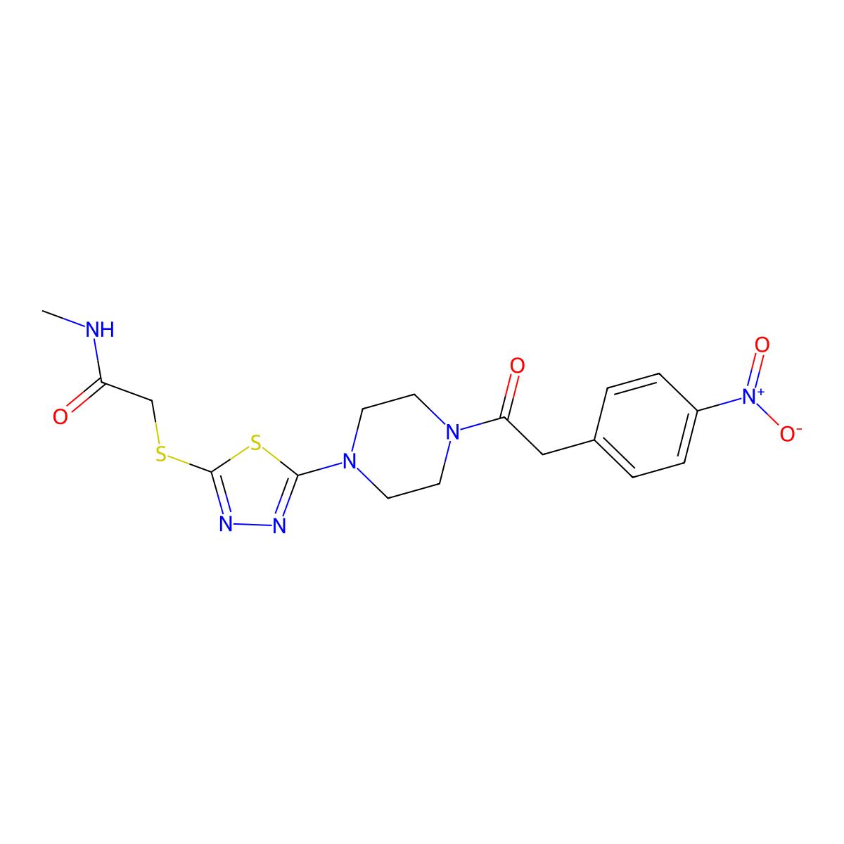 N-methyl-2-((5-(4-(2-(4-nitrophenyl)acetyl)piperazin-1-yl)-1,3,4-thiadiazol-2-yl)thio)acetamide molecular structure, CAS 1105226-58-1
